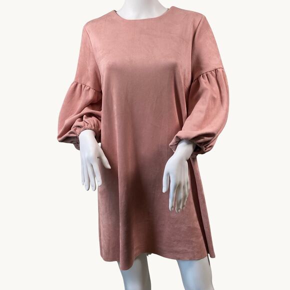 Mustard Seed Dress Womens Size L Boho Peasant Rose Pink Faux Suede Balloon - Picture 1 of 4